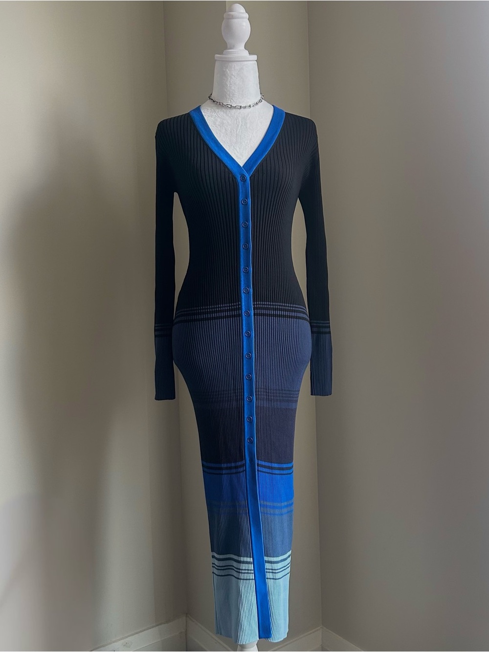 STAUD Ribbed Tri-Colour Knit Long Sleeve Button-Front Maxi Dress